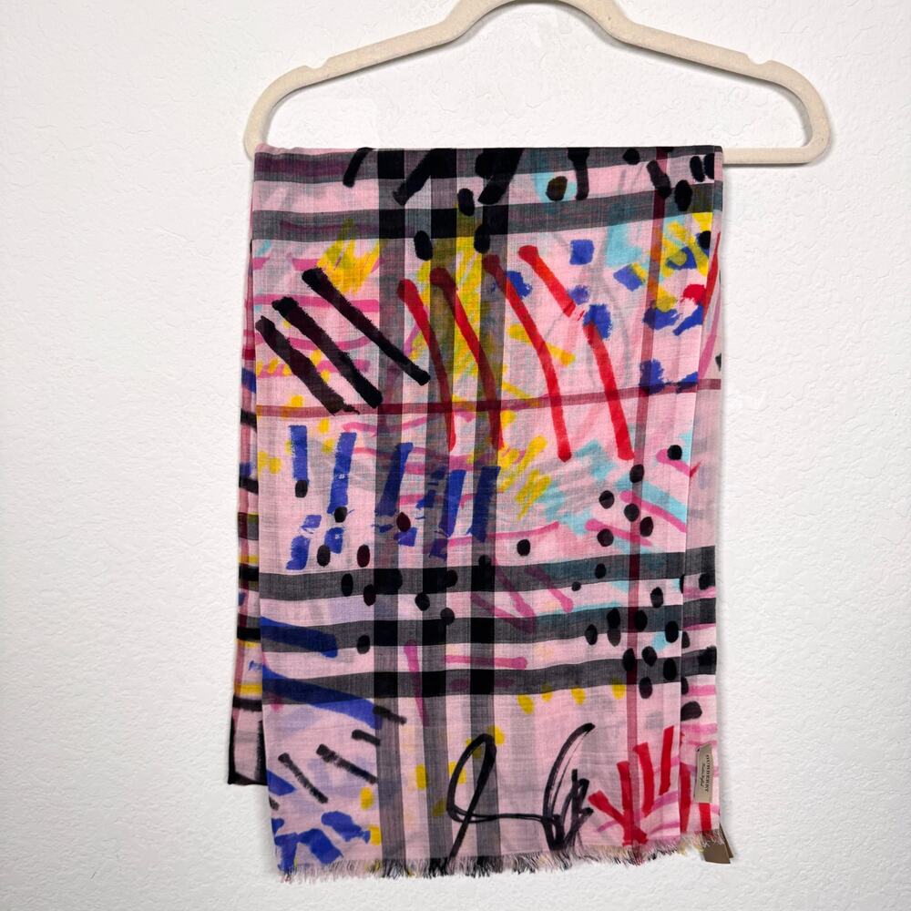 Burberry Womens Graffiti Fringe Scarf 86 X 28 Wool Silk Abstract Made Italy Bold